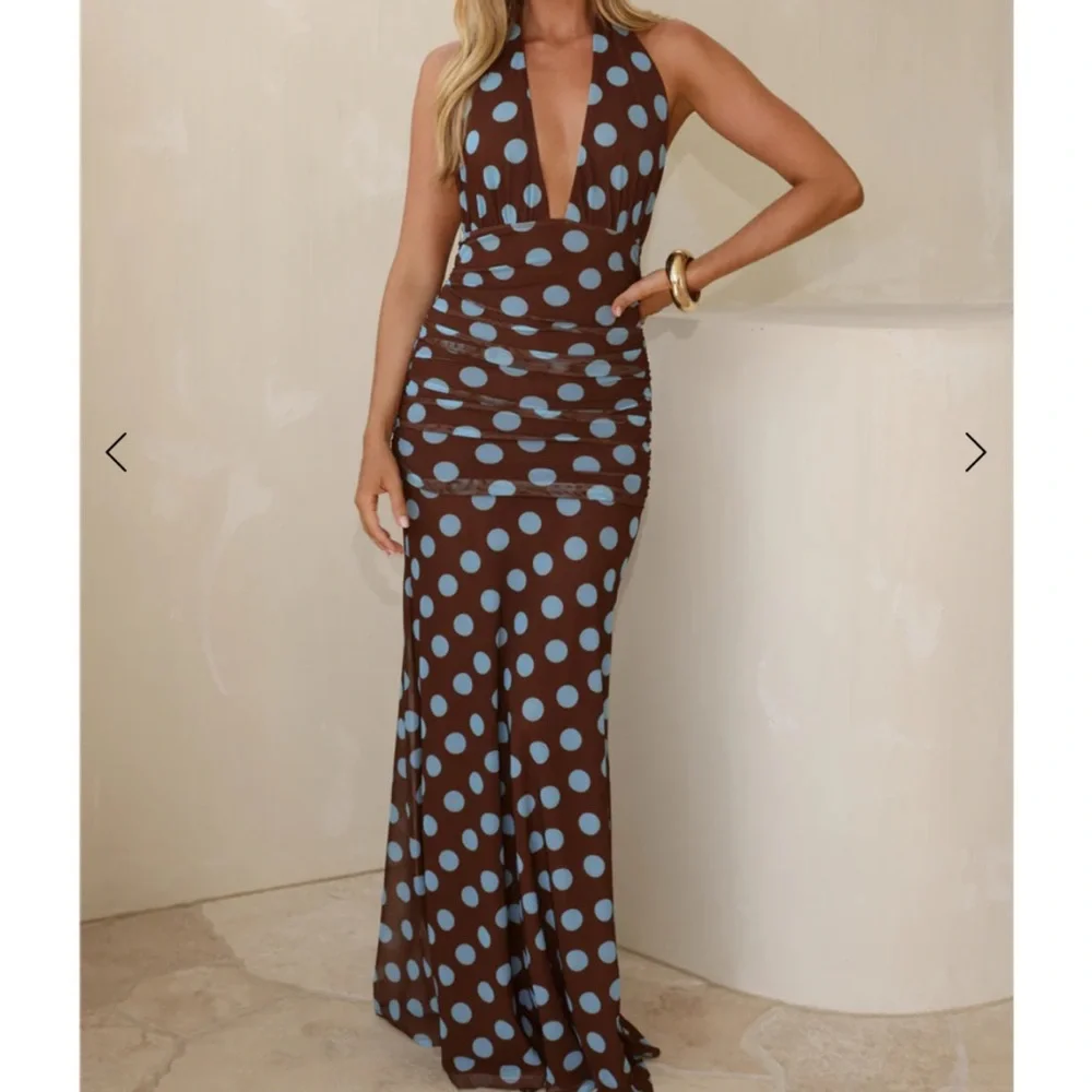 Hello Molly Brown & Blue Polka Dot Maxi Halter Dress - Picture 1 of 4